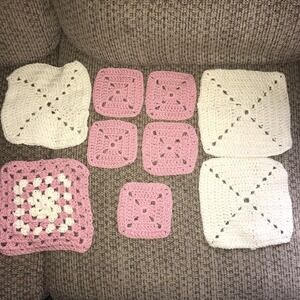 9 Granny Squares Blocks Crochet Pink Cream Color Lot Afghans Bags Hat for Throw